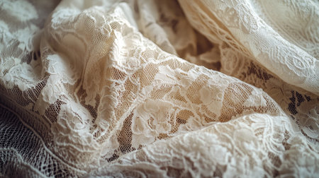 Explore the delicate beauty of vintage lace fabric featuring intricate patterns and soft shades, perfect for textile design, fashion, and elegant decorations.の素材