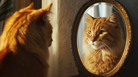 A striking orange cat gazes thoughtfully into an ornate mirror, showcasing its luxurious fur and introspective nature, illuminated by gentle morning light.の素材