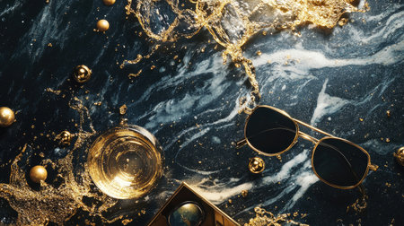 This exquisite still life showcases a glass of golden drink, stylish sunglasses, and shimmering bubbles against a dark marble background, capturing luxury and elegance.の素材