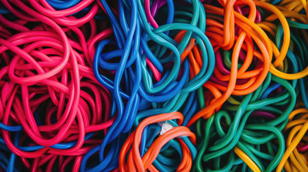 A vibrant collection of rubber bands arranged in a chaotic yet artistic manner, perfect for creative projects, design backgrounds, or visual inspiration.の素材
