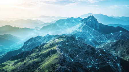 A breathtaking mountain view featuring a digital network connection overlay, symbolizing the fusion of nature and technology. The vibrant sky enhances the serene landscape, creating a captivating visual representation of modern connectivity in a tranquil setting.の素材