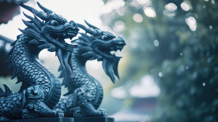 Captivating dragon statues stand majestically in a misty garden, surrounded by soft light and subtle greenery, showcasing intricate craftsmanship and cultural richness.の素材