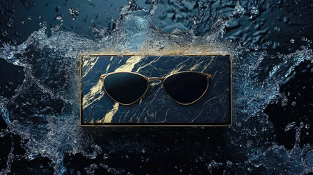 Capture the essence of style with this artistic shot featuring elegant sunglasses resting on luxurious black marble. Water splashes add dynamic energy.の素材