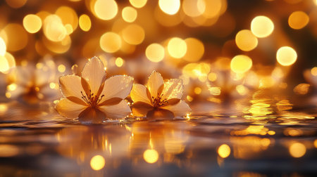 This image captures delicate blooming flowers resting on water, adorned with dewdrops, illuminated by a warm golden bokeh background, evoking tranquility.の素材
