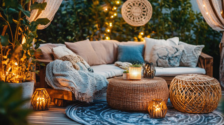 Beautiful cozy outdoor seating area featuring comfortable cushions, soft blankets, and decorative lanterns, perfect for relaxation and social gatherings.の素材