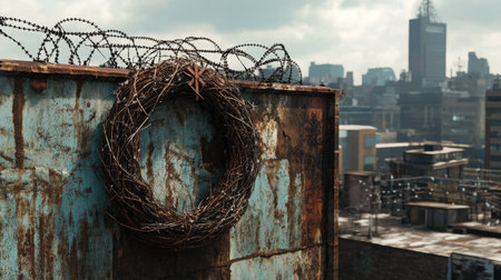 An elegant rustic wreath made of twigs rests against a weathered metal wall surrounded by barbed wire, featuring a contrasting urban skyline in the distance.の素材