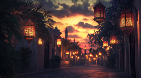 A picturesque alleyway illuminated by ornate lanterns captures the charm of an enchanting evening, showcasing vibrant sunset colors and a tranquil atmosphere.の素材