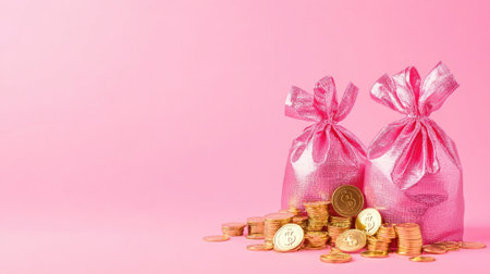 Two vibrant pink bags filled with golden coins create a festive atmosphere against a soft pink backdrop, symbolizing wealth and celebration.の素材