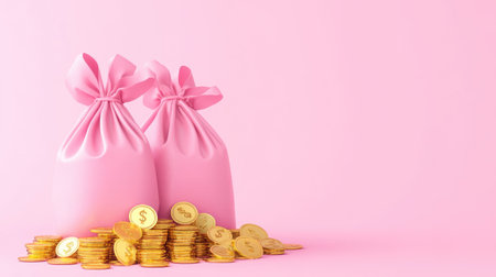Two pink bags filled with coins sit beside a sparkling pile of golden coins on a soft pastel background, symbolizing wealth and abundance.の素材