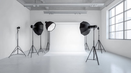A modern photography studio featuring a bright, white backdrop and professional lighting equipment. This spacious environment invites creativity and artistic expression.の素材