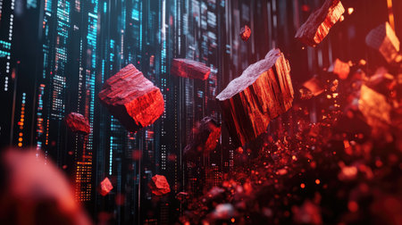 This striking digital illustration features dynamic red rocks and a flowing data backdrop, creating a captivating visual experience of technology and nature.の素材