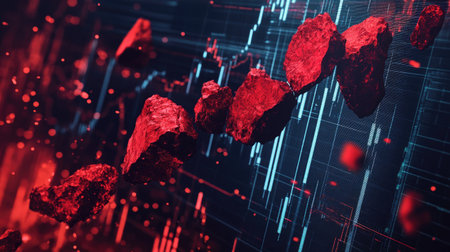 Abstract representation of red rocks ascending through a high-tech digital landscape, showcasing the intersection of nature and technology in visual data analytics.の素材