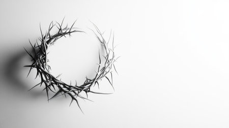 A striking black and white image of a thorn crown on a light background, ideal for themes related to simplicity, spirituality, and artistic expression.の素材