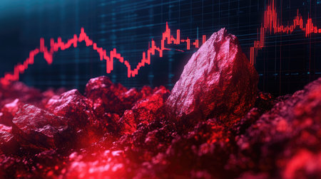 This stunning image combines vibrant red rock formations with an abstract digital graph, conveying a powerful message about market trends and investment insights.の素材