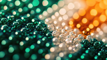 A mesmerizing abstract background featuring a captivating bokeh effect with shiny beads in green, gold, and silver tones, perfect for artistic projects.の素材