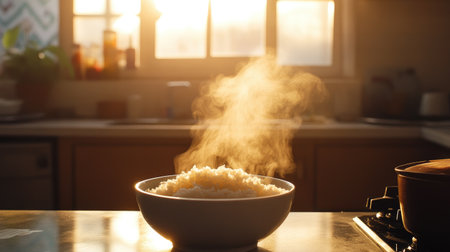 A beautiful scene showcasing freshly cooked rice steaming in a bowl, illuminated by morning sunlight in a cozy kitchen environment.の素材