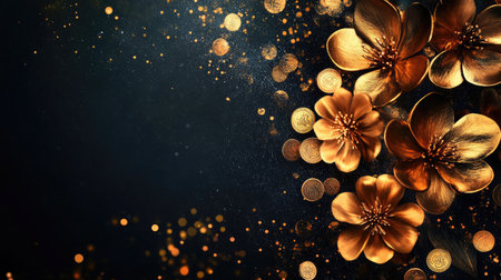 A stunning representation of elegant golden flowers set against a dark background. The composition features sparkling bokeh lights, perfect for decorative and artistic themes.の素材