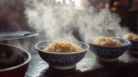A captivating image featuring steaming bowls of delicious noodles in a cozy restaurant. The warm atmosphere enhances the dining experience with rich aromas.の素材