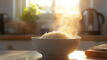 A steaming bowl of freshly cooked rice sits in a bright kitchen, illuminated by soft sunlight, creating a warm and inviting culinary scene.の素材