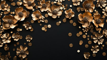 A stunning display featuring golden flowers and coins over a dark surface, perfect for themes of opulence, elegance, and celebration in design projects.の素材