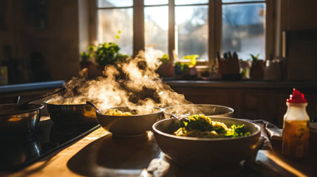 A warm and inviting kitchen scene filled with steam from freshly cooked food, vibrant vegetables, and sunlight pouring through the windows, creating a cozy atmosphere.の素材