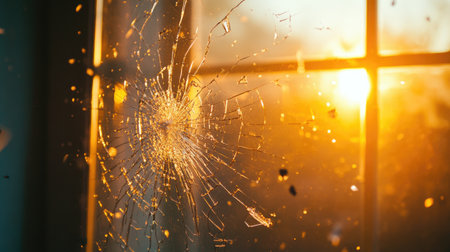 A captivating close-up of a broken window featuring a spider web, illuminated by warm sunset light, creating a tranquil and artistic atmosphere.の素材