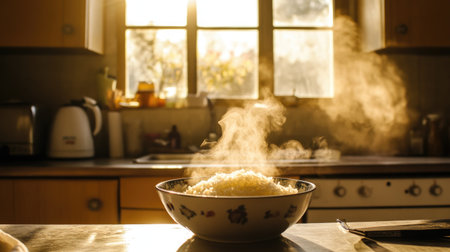 A steaming bowl of rice sits on a kitchen counter, illuminated by warm natural light coming through the windows, creating a cozy and inviting cooking atmosphere.の素材