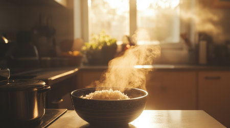 A serene kitchen scene featuring freshly cooked rice in a bowl, with steam rising gracefully, illuminated by warm evening sunlight, creating an inviting atmosphere.の素材