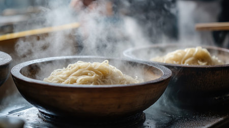 A captivating scene showcasing freshly cooked noodles steaming in traditional wooden bowls, capturing the essence of Asian culinary traditions and inviting flavors.の素材