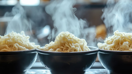Three bowls of steaming noodles create a mouthwatering scene in a bright kitchen. The intricate details highlight the warmth and comfort of this delightful dish.の素材