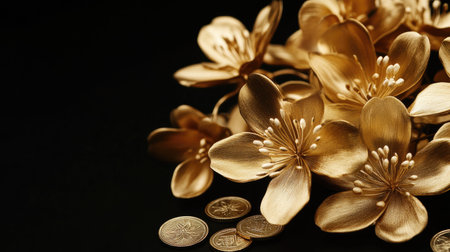 Stunning golden flowers with delicate petals arranged alongside decorative coins create a luxurious atmosphere perfect for elegant dの素材
