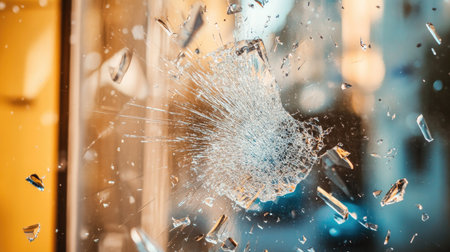 This image captures the moment of glass shattering, showcasing dynamic fragments radiating outward against a blurred backdrop, highlighting texture and motion.の素材