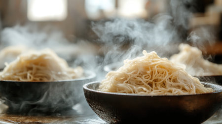 This captivating image features steaming bowls of freshly cooked noodles, exuding warmth and comfort. The soft texture of the noodles invites food lovers to experience authentic flavors in a cozy culinary setting.の素材