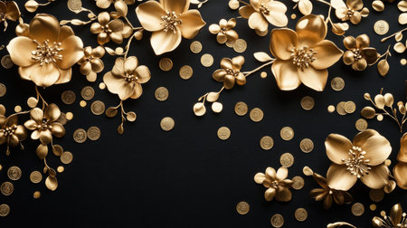 This stunning flat lay image features a luxurious arrangement of golden flowers and decorative coins on a rich dark background, ideal for celebration themes.の素材