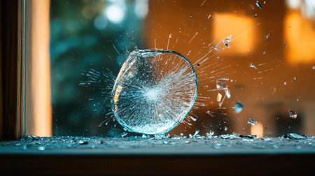 A stunning close-up of a glass vase shattering against a window, capturing the moment of impact with dynamic fragments and beautiful sunlight hues.の素材