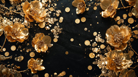 A captivating display featuring golden flowers and shiny coins atop a black background. Perfect for themes of luxury, celebration, and elegance.の素材