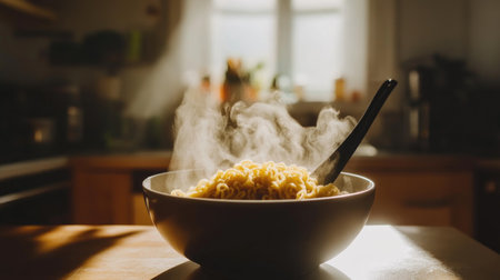 A steaming bowl of noodles sits on a wooden table, bathed in soft light, creating a cozy atmosphere. Ideal for food-related content and culinary inspirations.の素材