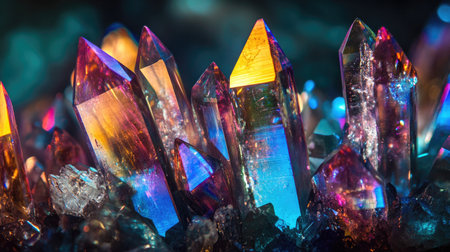 Stunning close-up view of vibrant multicolored crystals showcasing iridescent hues and reflective surfaces, perfect for nature and beauty themes.の素材
