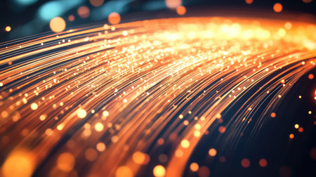 This image features dynamic orange light trails with a beautiful bokeh effect set against a dark background. It's perfect for digital projects and modern designs.の素材