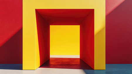 This image features a vibrant geometric design with bold red and yellow walls, creating a striking entrance. Ideal for modern art and interior design themes.の素材