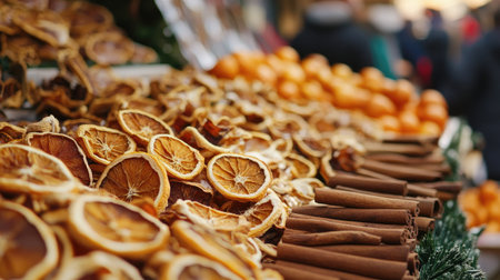 A vibrant display of dried orange slices and cinnamon sticks at a bustling market stall, capturing the essence of healthy snacking and festive flavors.の素材