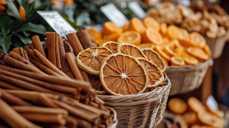 A vibrant market stall showcases baskets filled with dried orange slices and cinnamon sticks, offering a colorful and aromatic display perfect for enhancing culinary creations.の素材