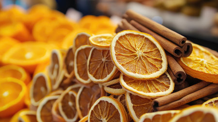 This vibrant image features dried orange slices artistically arranged with cinnamon sticks, perfect for seasonal decor, culinary use, or aromatic spices in various settings.の素材
