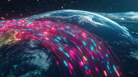 This captivating image depicts the dynamic flow of data around the globe, showcasing colorful nodes and light trails orbiting the Earth, representing technology.の素材