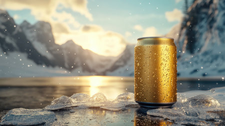 A striking image of a cold, golden beverage can glistening with condensation amidst a stunning mountain backdrop, evoking feelings of refreshment and tranquility.の素材
