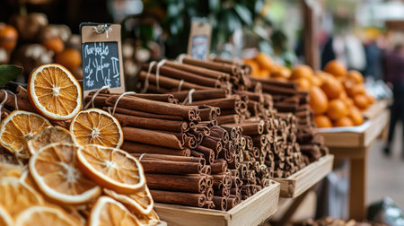 A vibrant market stall showcases an array of spices, featuring fresh cinnamon sticks and dried orange slices, creating a colorful and aromatic display.の素材