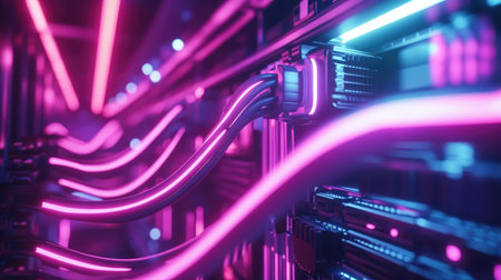 A mesmerizing view of a futuristic server room featuring vibrant neon lights and glowing cables. This high-tech visualization captures the essence of modern data storage and connectivity.の素材
