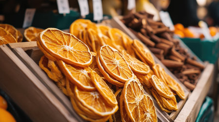 A stunning arrangement of dried orange slices paired with cinnamon sticks creates a vibrant market display, highlighting natural textures and warm colors.の素材