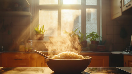 A warm bowl of freshly cooked rice steams gently in a sunlit kitchen, surrounded by plants and a cozy atmosphere, perfect for a wholesome meal.の素材