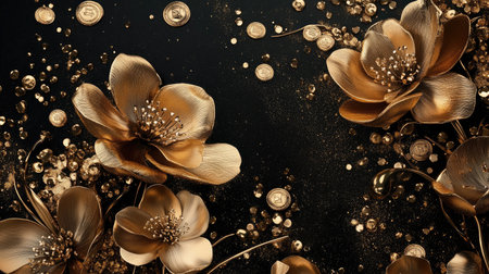 A stunning composition of gold flowers and decorative elements resting on a dark background, symbolizing elegance and luxury in artistic design.の素材